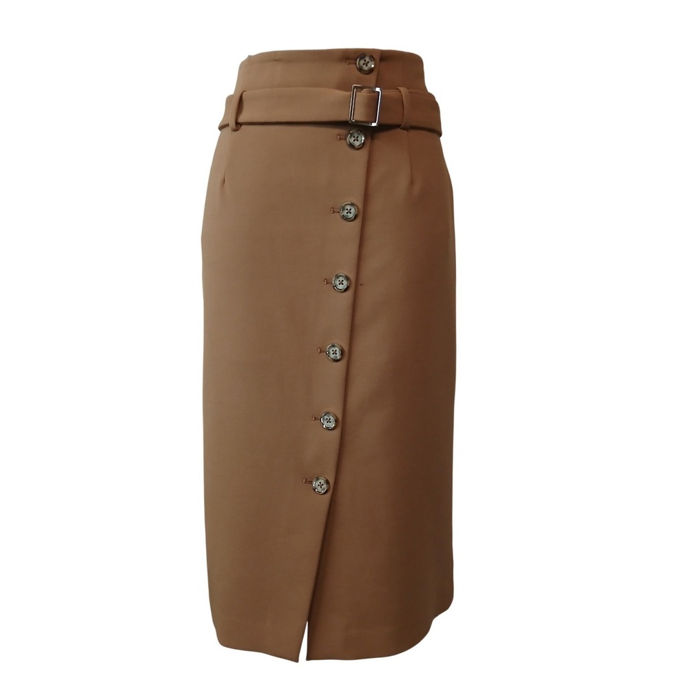 White House Black Market Camel Brown Button Front Belted Midi Pencil Skirt 6